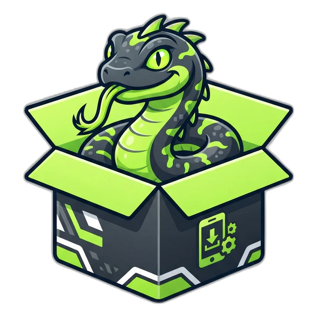 Basilisk coiled inside a fake APK box, a warning about files using the club name