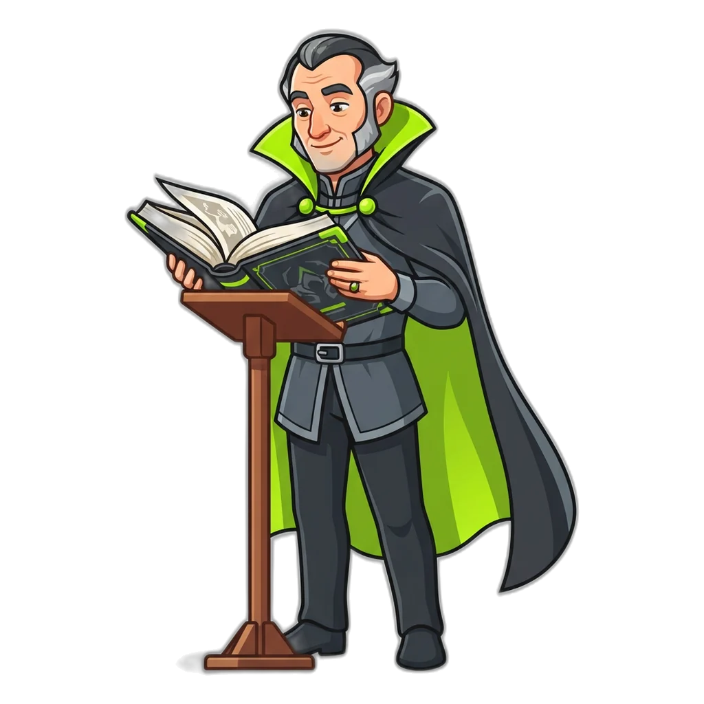 Count in a velvet cape reading an oversized answer book on a lectern