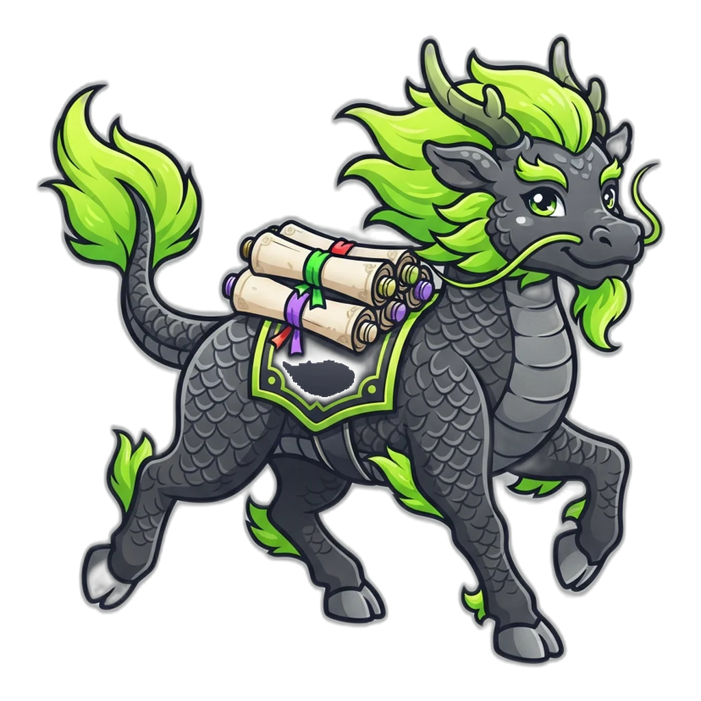 Qilin trotting forward with rolled answer scrolls tied in red, green and violet ribbons