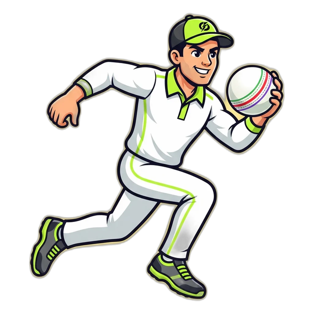 Cricket bowler spinning a ball printed with the digits 0 to 9