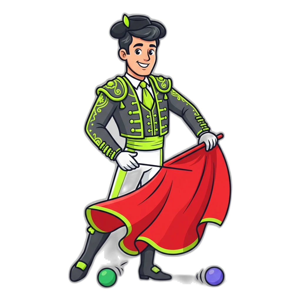 Matador sweeping a red cape past red, green and violet balls in the 6E Club game