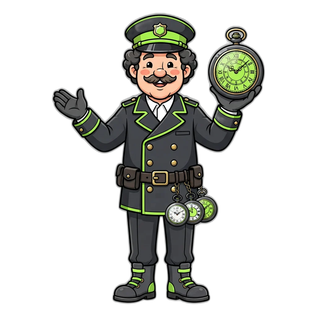 Stationmaster standing under four station clocks for the 30-second, 1, 3 and 5-minute rooms