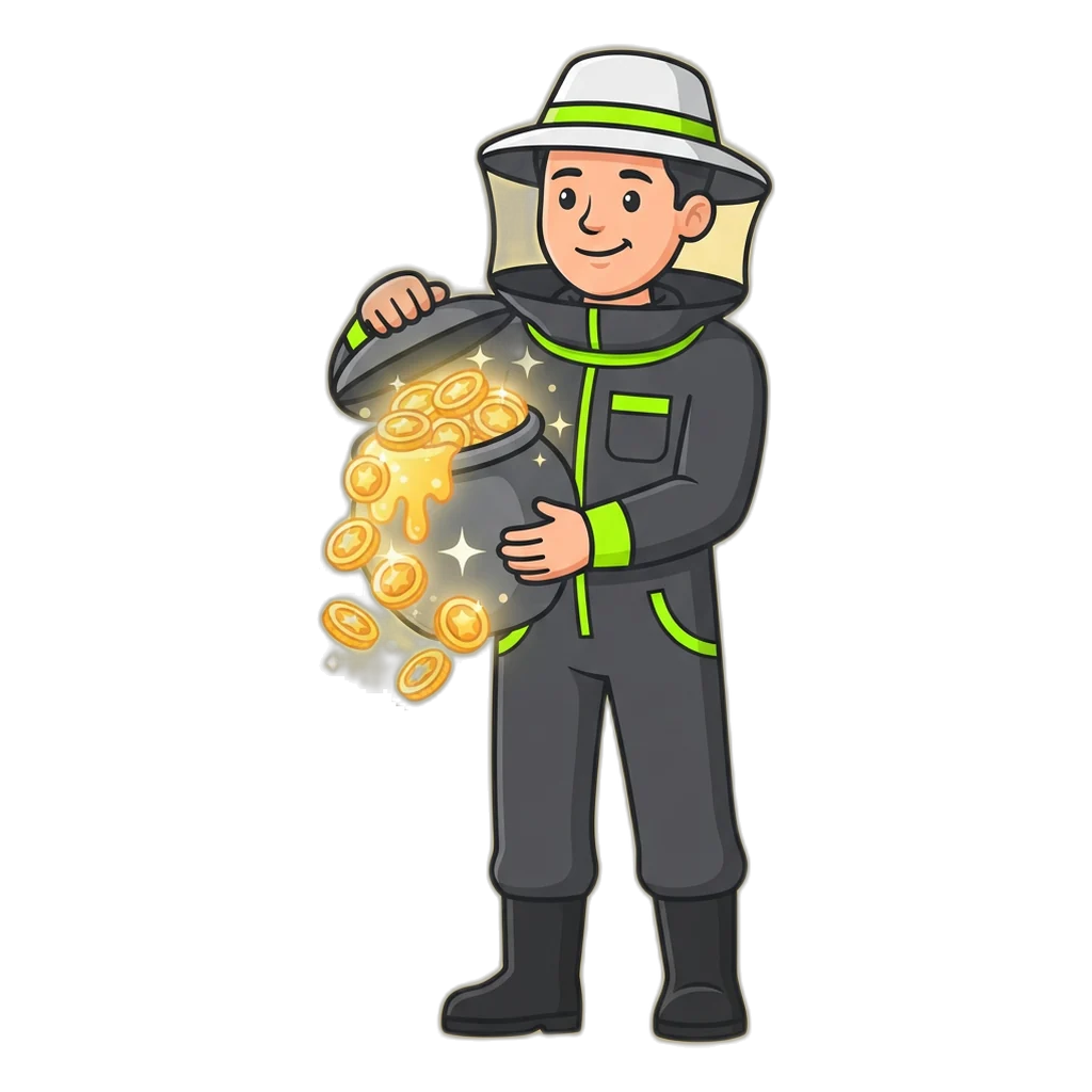 Beekeeper in a graphite suit lifting a honey pot that overflows with free demo coins