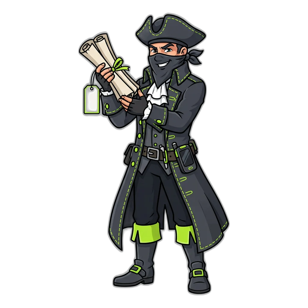 Masked highwayman holding up a bundle of fake code scrolls tagged free code