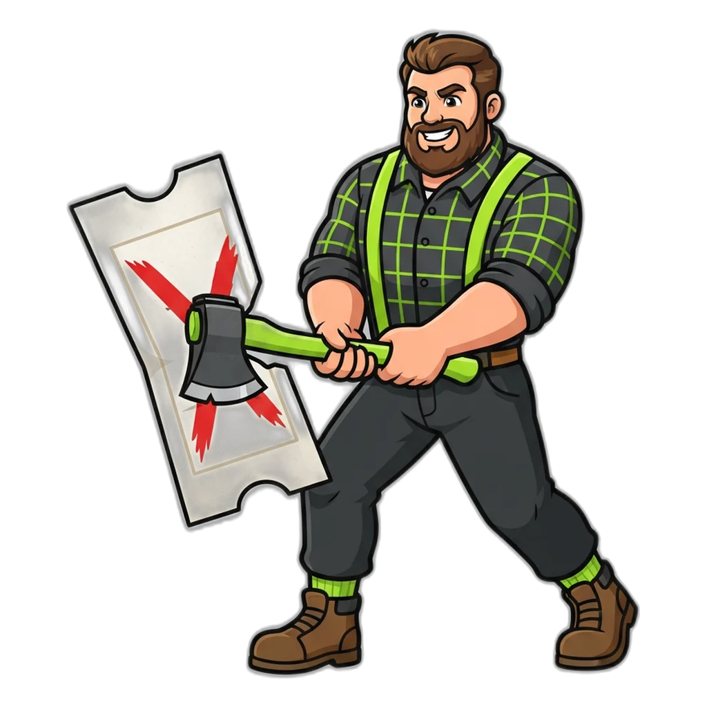 Lumberjack splitting a fake 6E Club gift code ticket in two with one swing