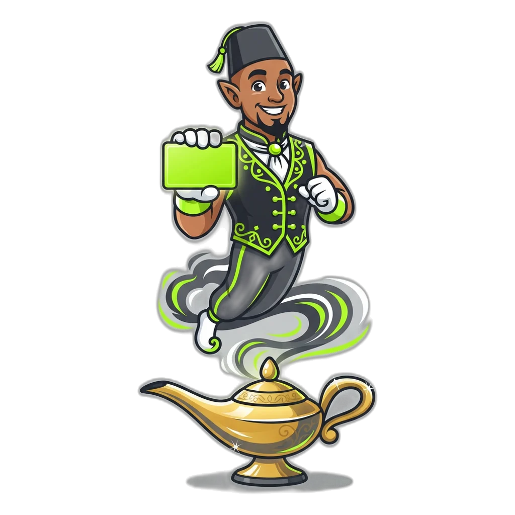 Djinn concierge rising from a brass lamp, offering a lime 6E Club membership card