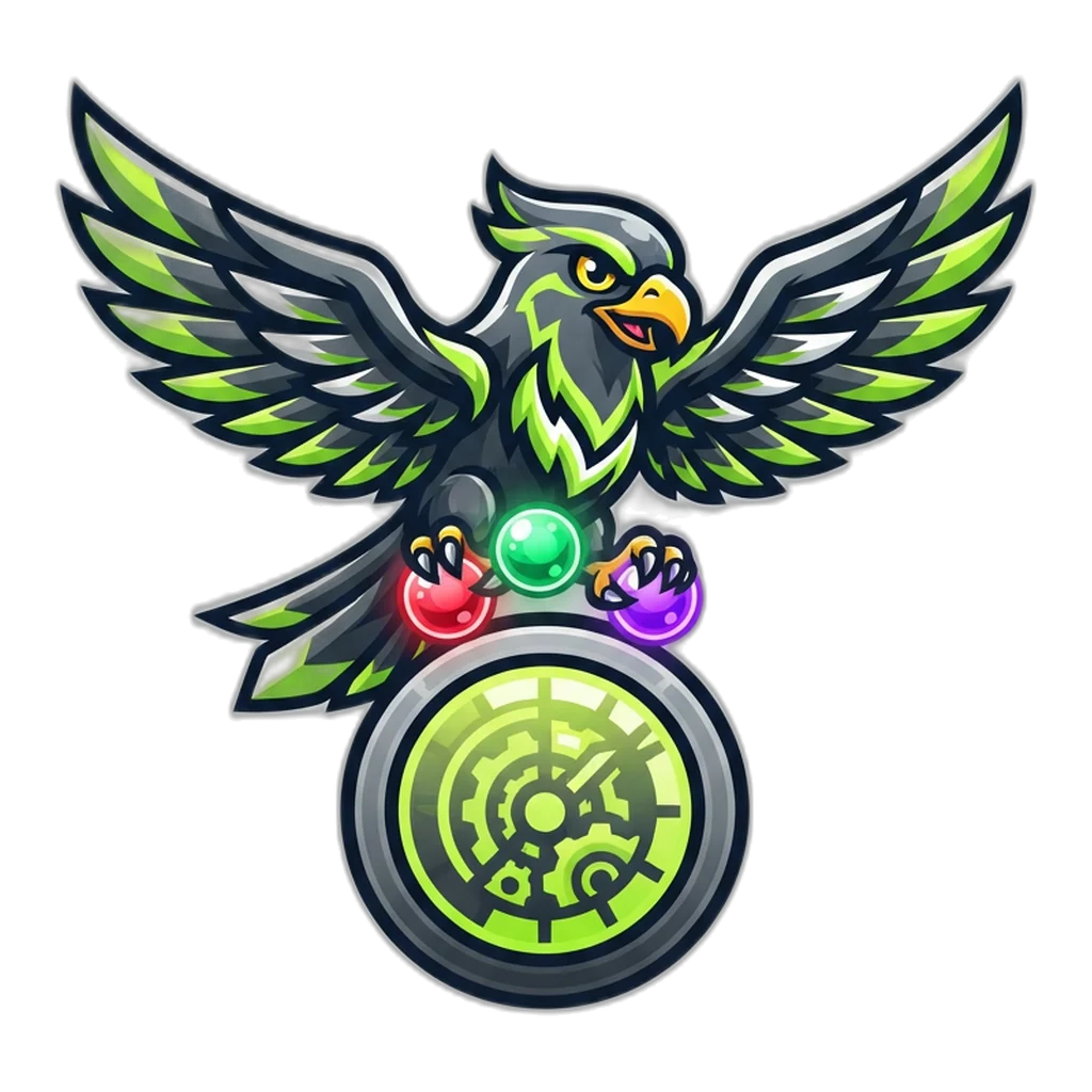 Thunderbird carrying red, green and violet orbs over a round countdown timer