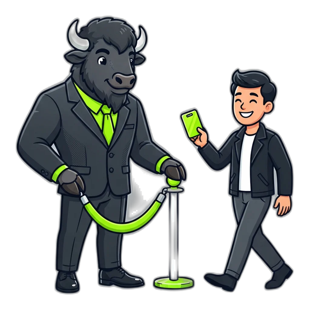 Bison bouncer lifting a velvet rope for a member who shows a lime key pass