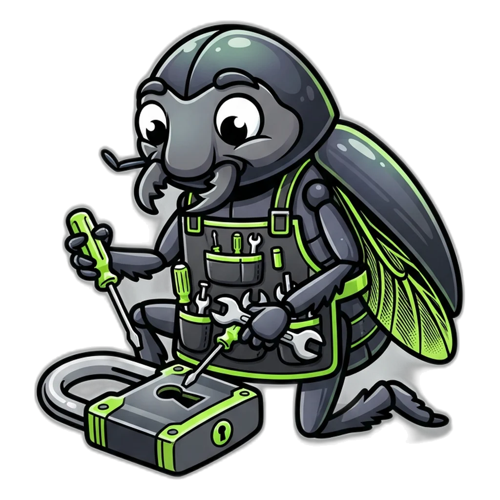 Scarab beetle locksmith mending a padlock: a 6E Club login has no spare key