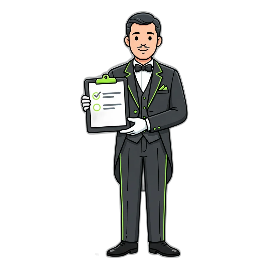 Butler holding a three-line guest list for the 6E Club register form