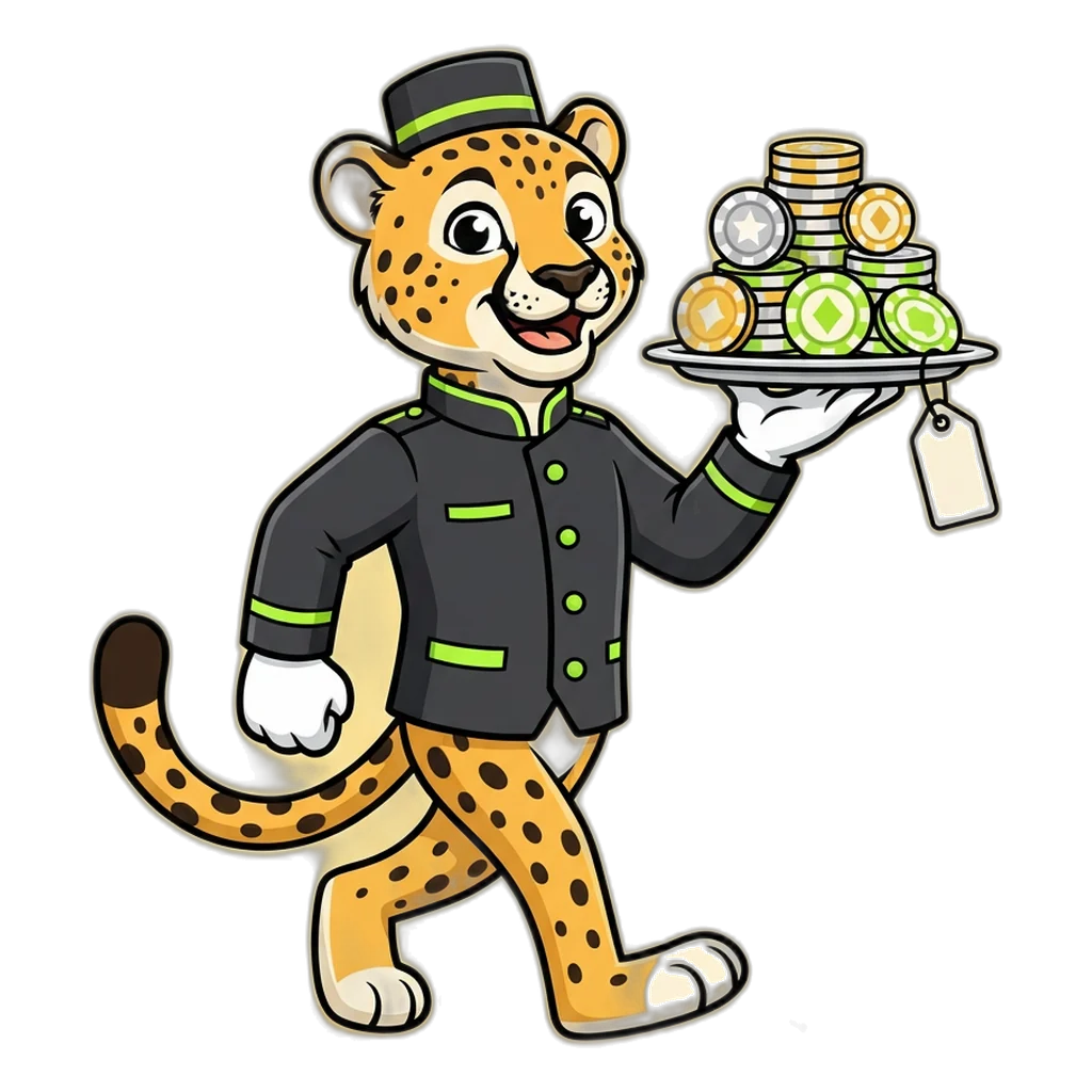 Cheetah bellhop carrying a welcome tray stacked with 6,000 demo coins