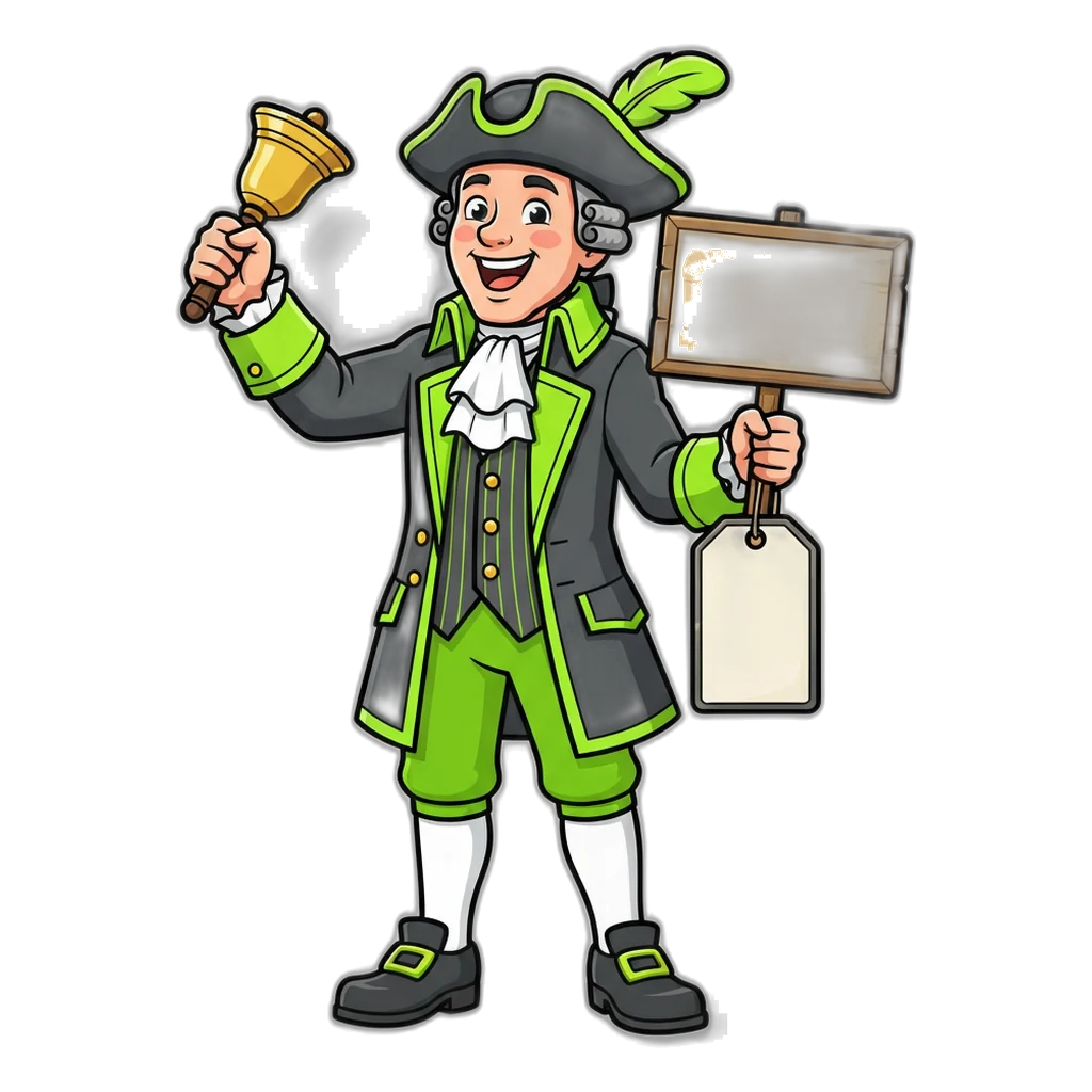 Town crier ringing a bell beside a sign that reads no invite code
