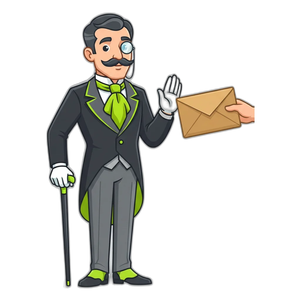 Baron with a monocle pushing away a bribe envelope, refusing to sell a level