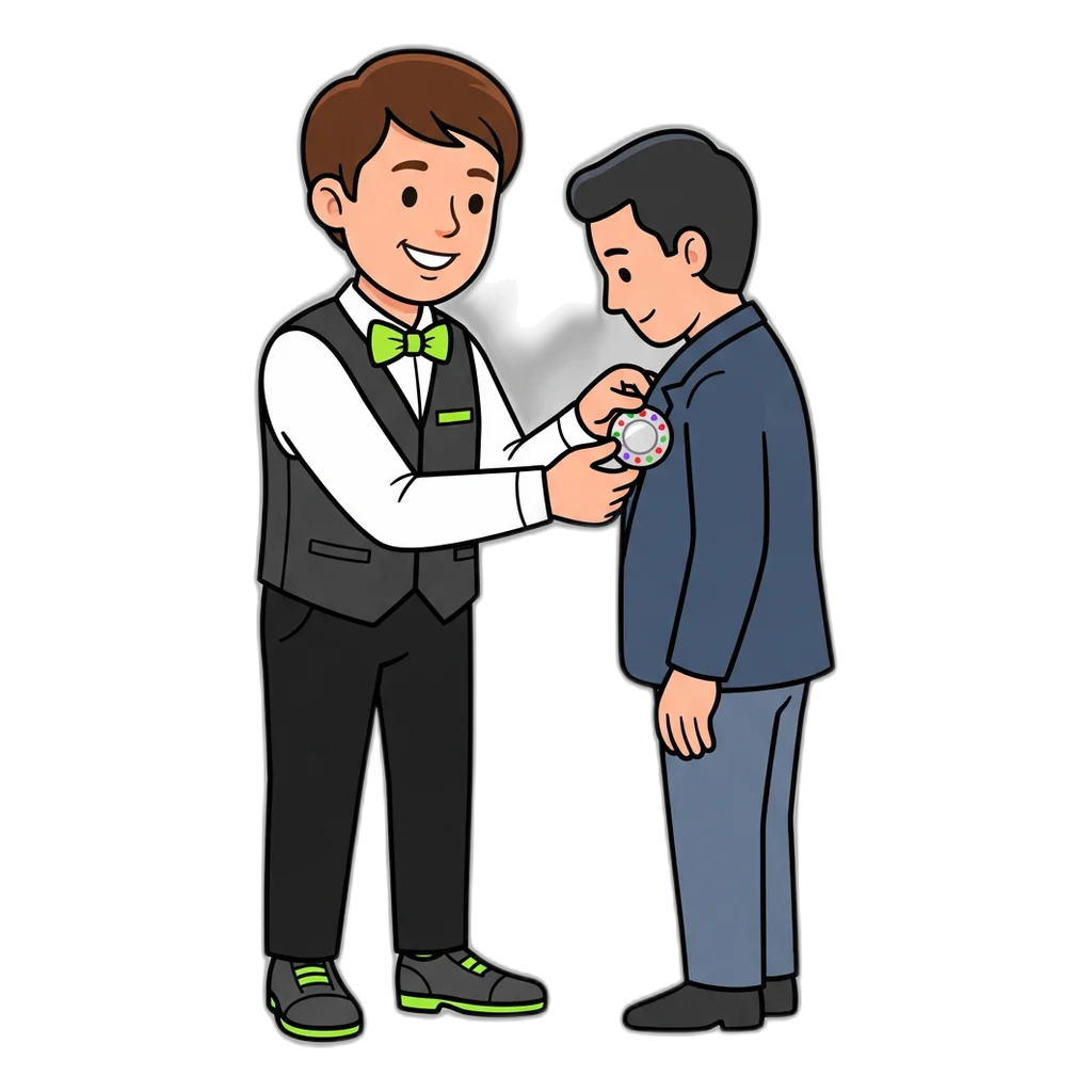 Usher pinning a small Member badge on a new club member’s lapel