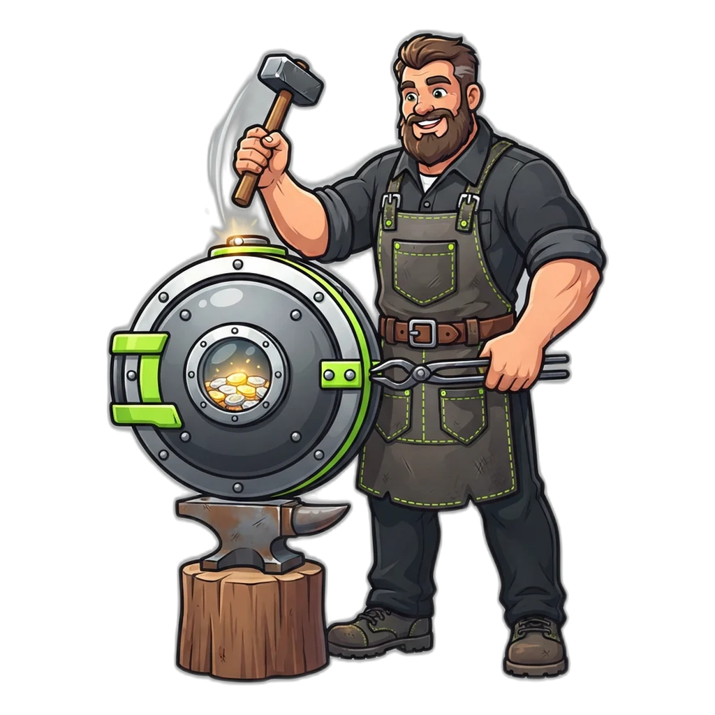 Blacksmith hammering a coin vault that has no exit door, demo coins safe inside
