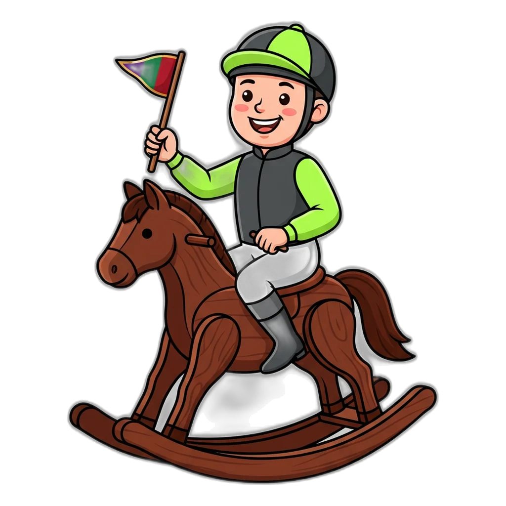 Jockey rocking on a wooden practice horse, the colour prediction demo idea of safe practice
