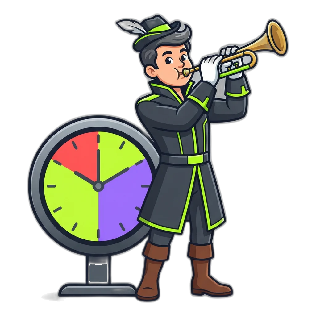 Trumpeter announcing the start of a round beside a large countdown clock