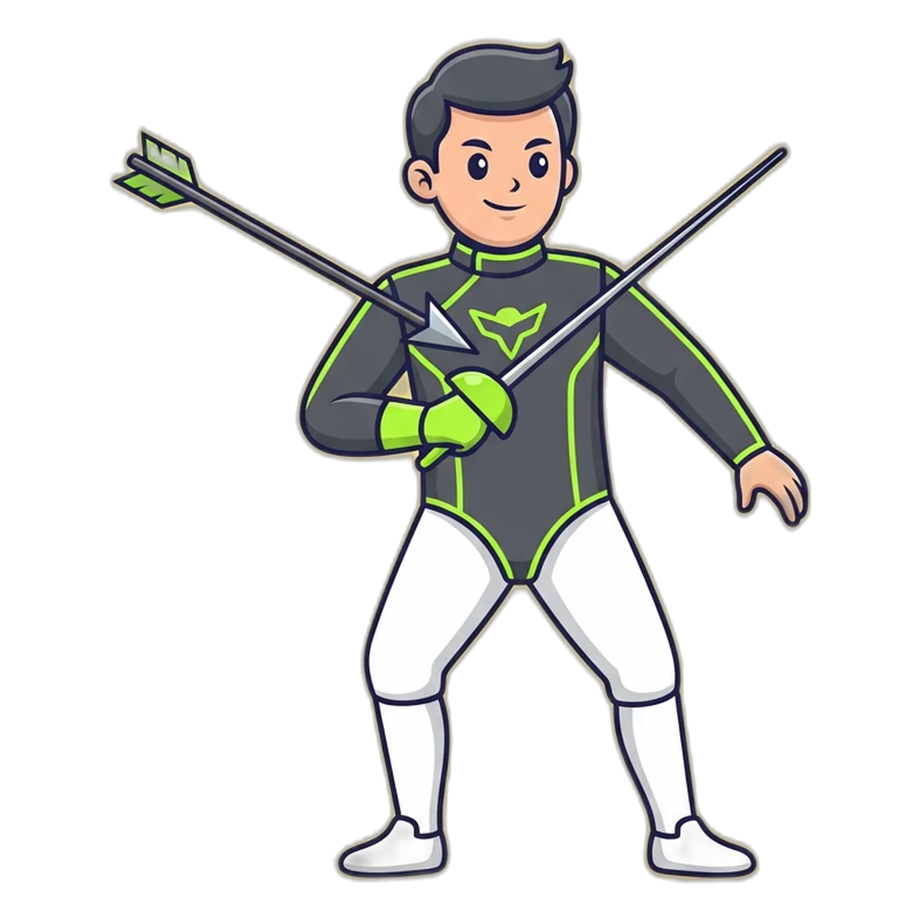 Fencer parrying an arrow tagged with a promised number, using a slim sword