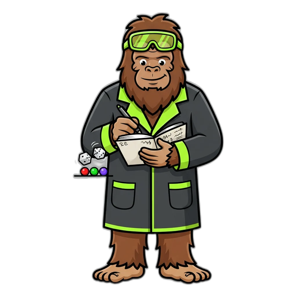 Sasquatch scientist testing a trick with a notebook and a pair of dice