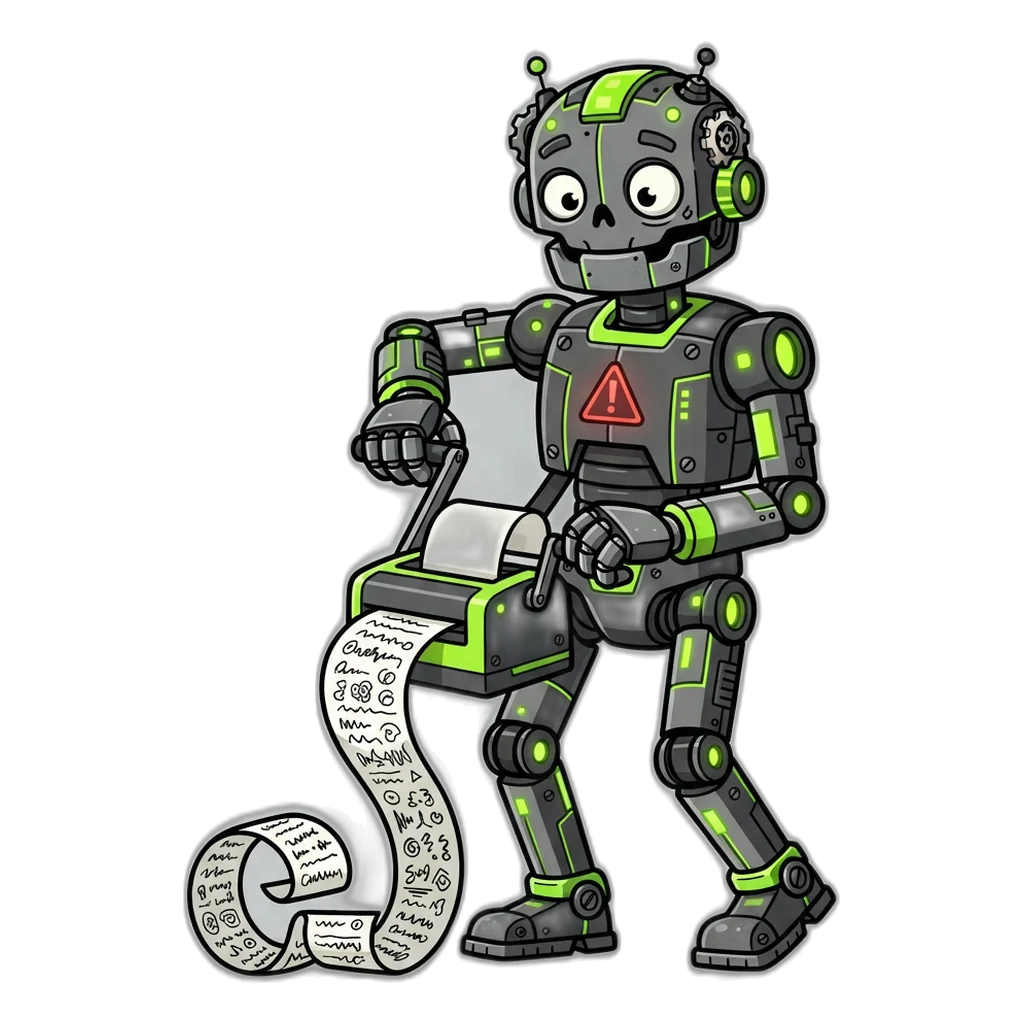Zombie robot printing paper strips of fake predictions, a warning about colour prediction tricks