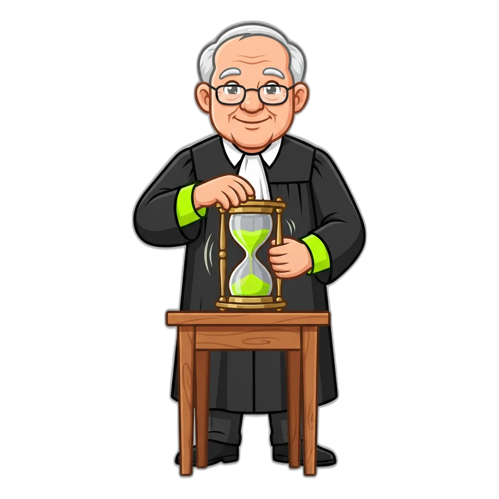 Magistrate in a graphite robe turning a tall hourglass to start a timed session