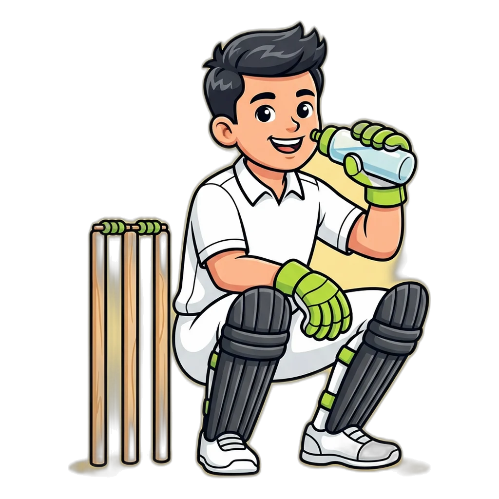 Cricket wicketkeeper resting with a water bottle during a drinks break
